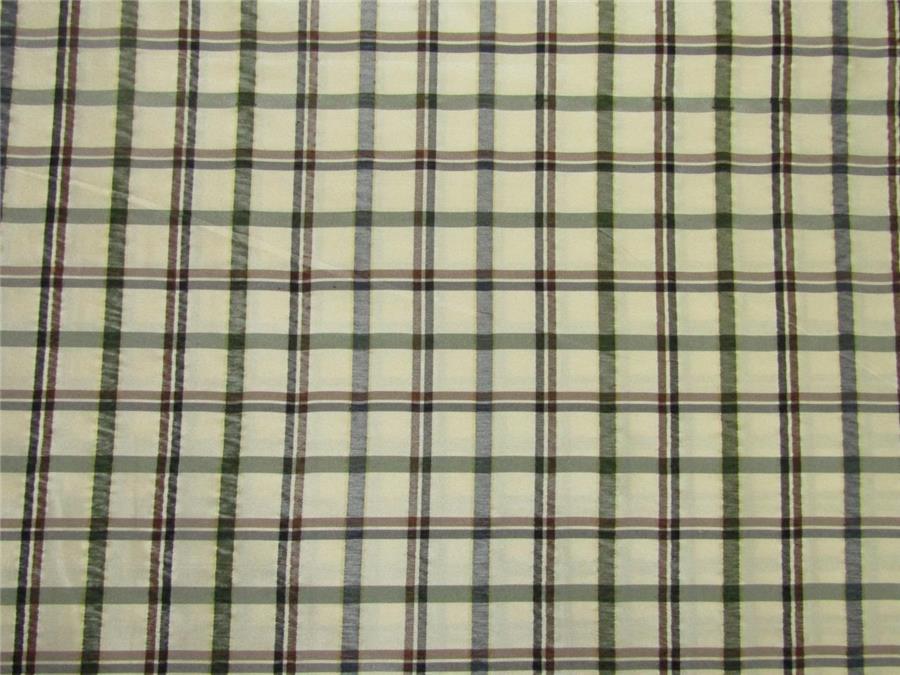 Silk taffeta fabric checks cream/grey black/brown /green 54" wide TAF#C56[3]