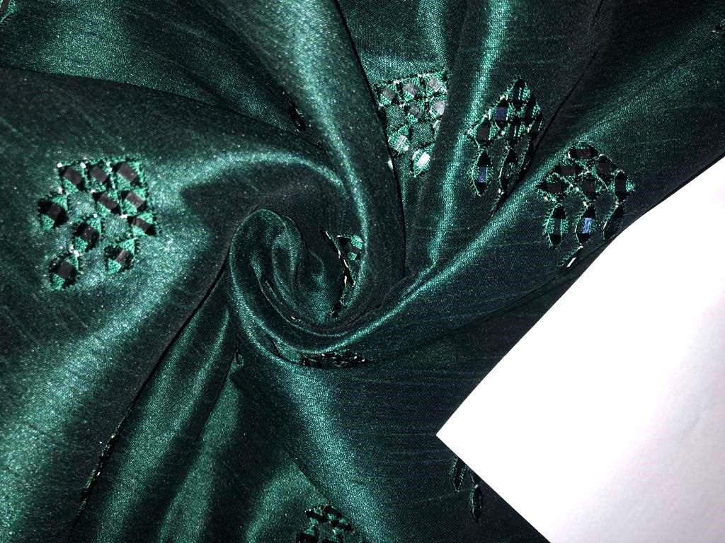 Silk Brocade fabric MIRROR WORK embroidery 50" wide available in 2 colors [green and burgundy]  BRO912[1/2]