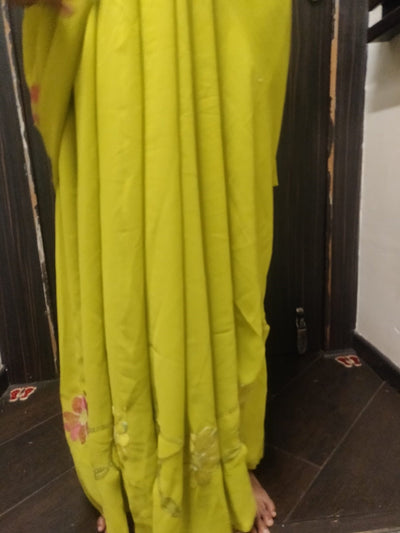 Indian beautiful pure silk satin georgette olive green embroidered Saree