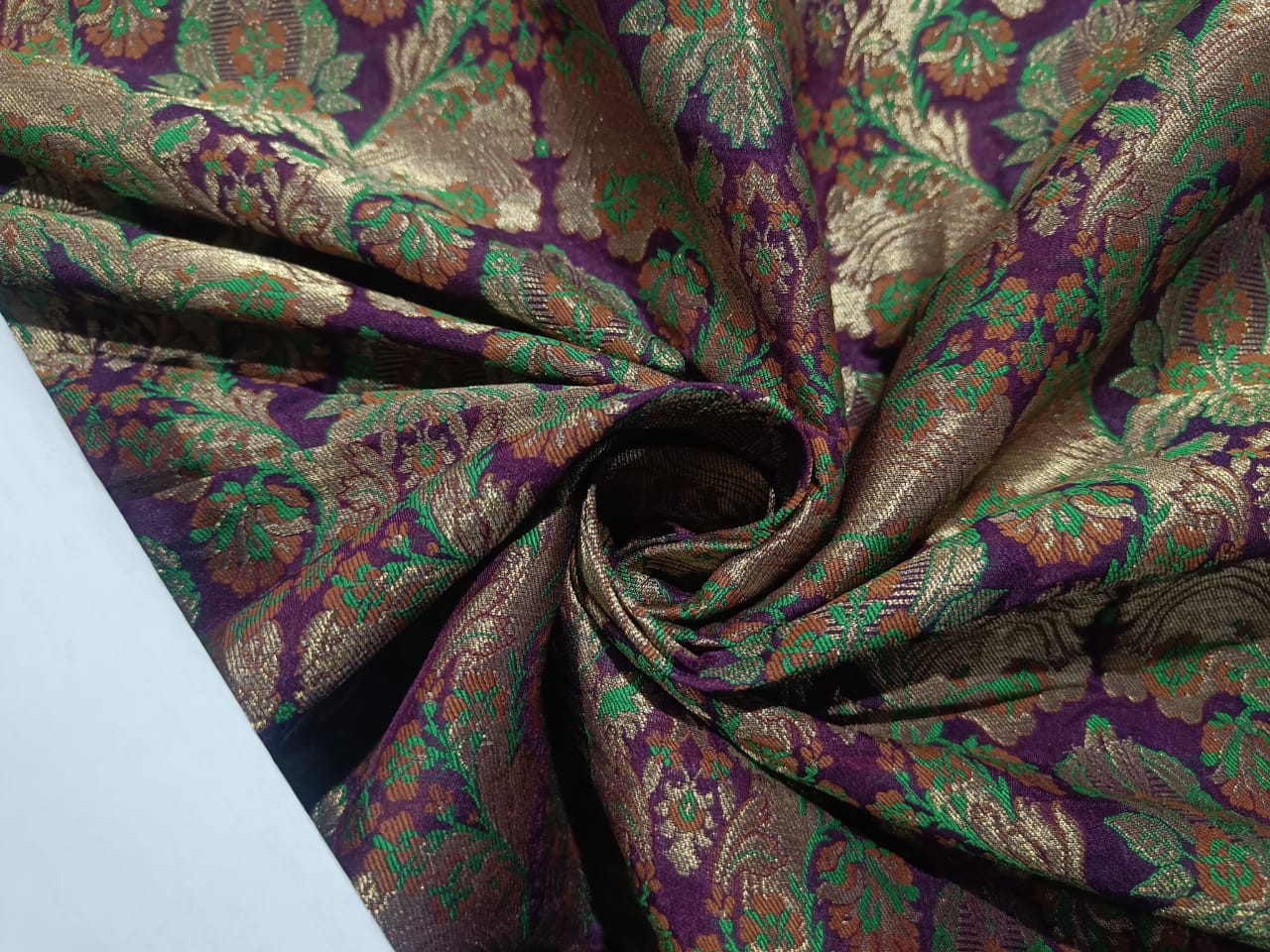 Silk Brocade Fabric Wine Purple,green,brown & Metallic Gold Color 44 