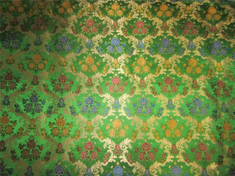 Heavy Silk Brocade Fabric Parrot Green x Metallic Gold 36&quot;
