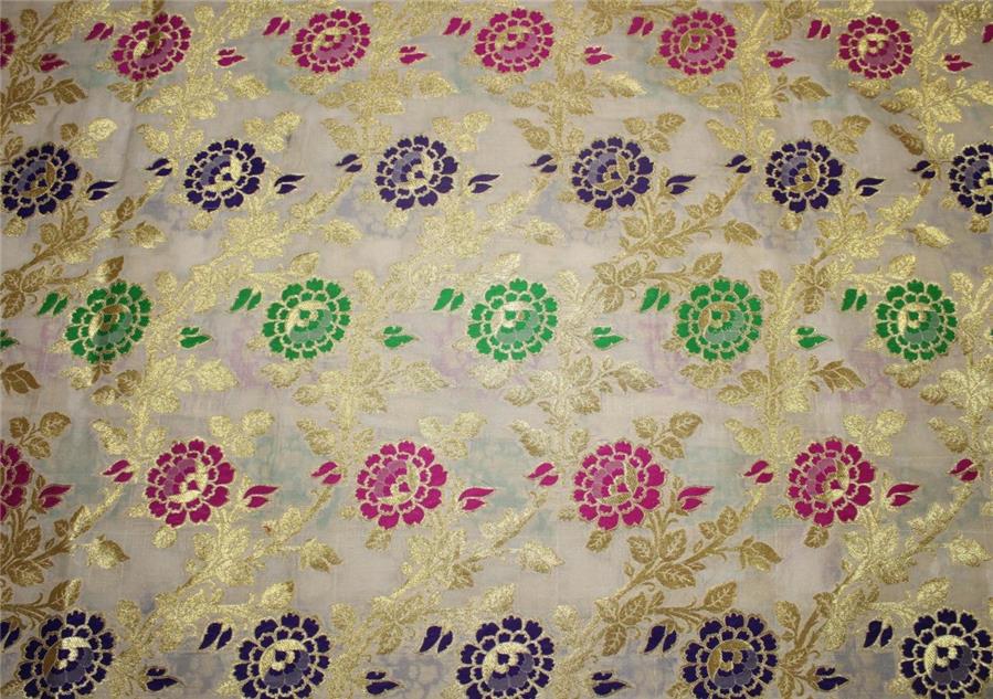 100% silk Brocade fabric multi color floral with metallic gold on white