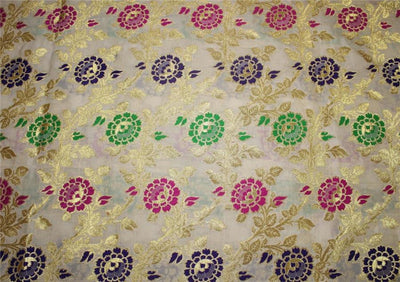 100% silk Brocade fabric multi color floral with metallic gold on white