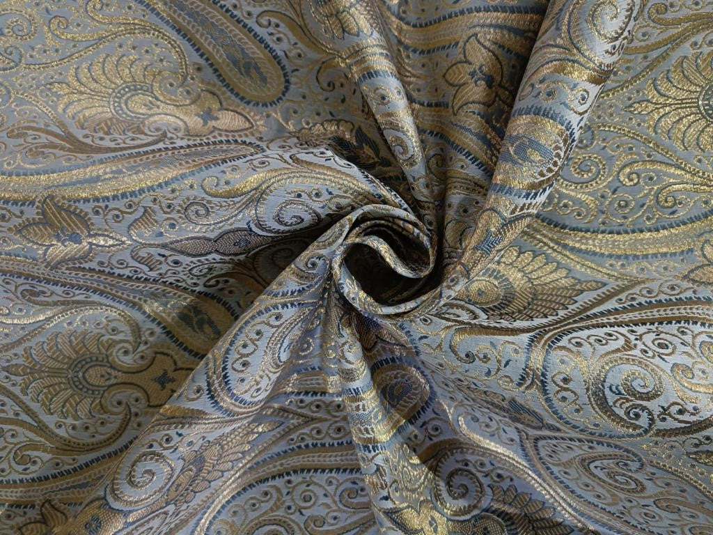 Silk Brocade fabric silver grey paisleys with gold metallic jacquard COLOR  44 wide BRO859[3]