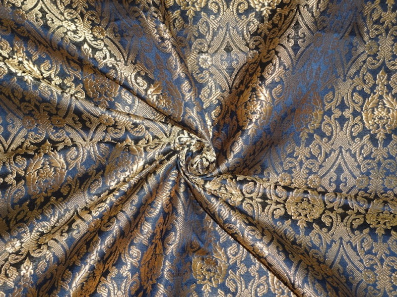 Silk Brocade Fabric Dark Navy Blue & Metallic Gold color 35" WIDE BRO300[3]