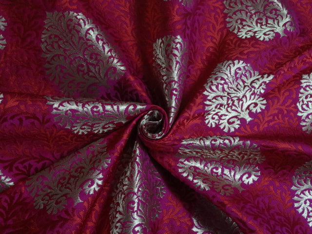 Pure Heavy Silk Brocade Fabric Pink,Red &amp; Metallic Gold color
