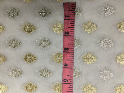 Chanderi pure silk fabric ivory x metallic gold and silver color 44'' wide by the yard