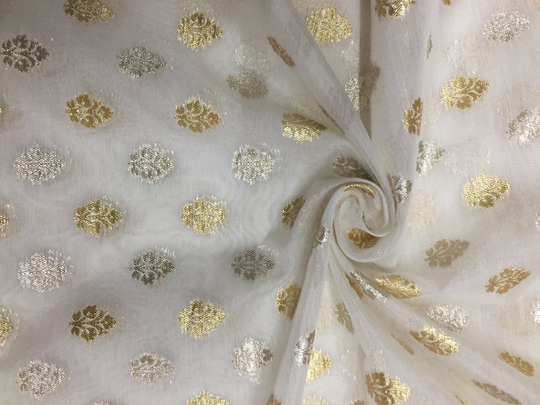 Chanderi pure silk fabric ivory x metallic gold and silver color 44'' wide by the yard