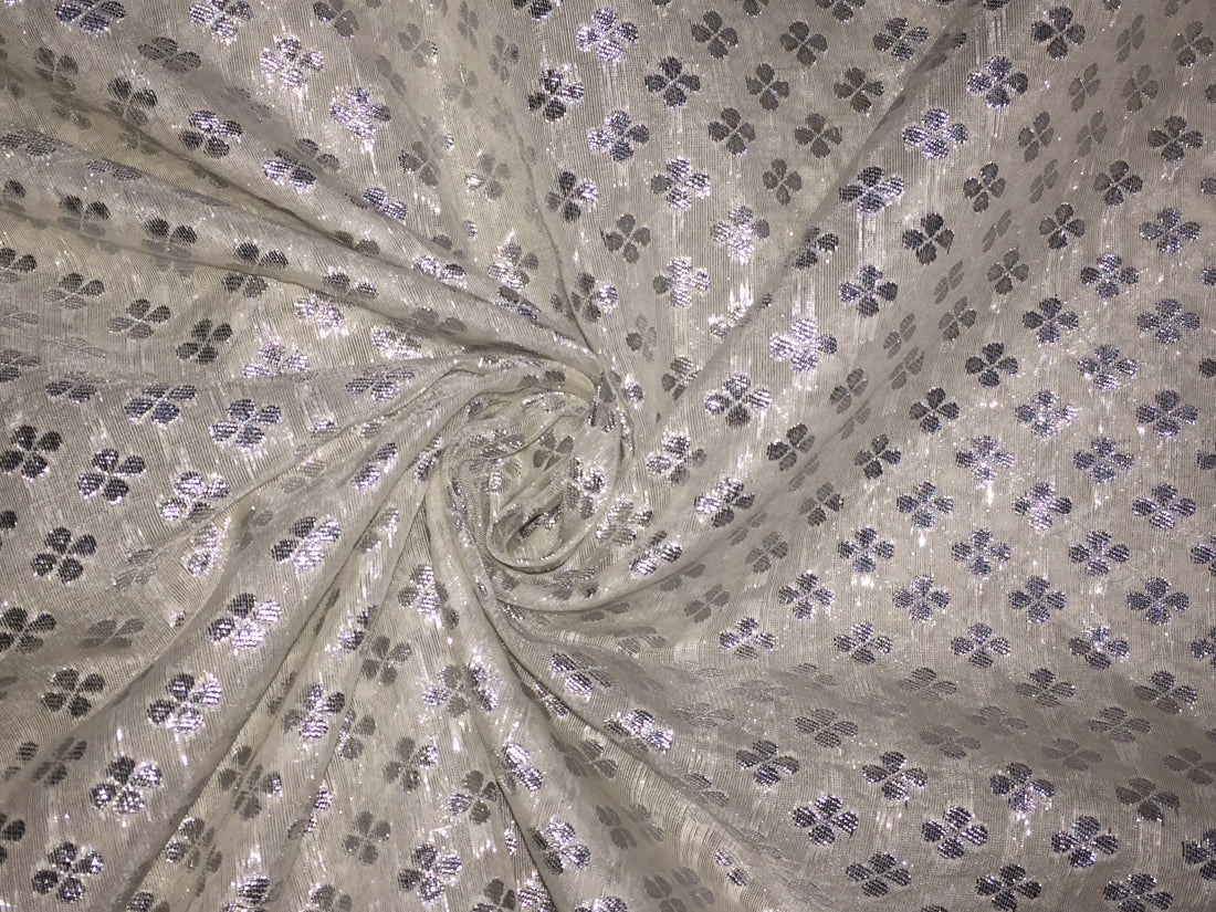 Chanderi pure silk fabric dyeable natural white with silver color motifs 44'' wide by the yard CHND_11058