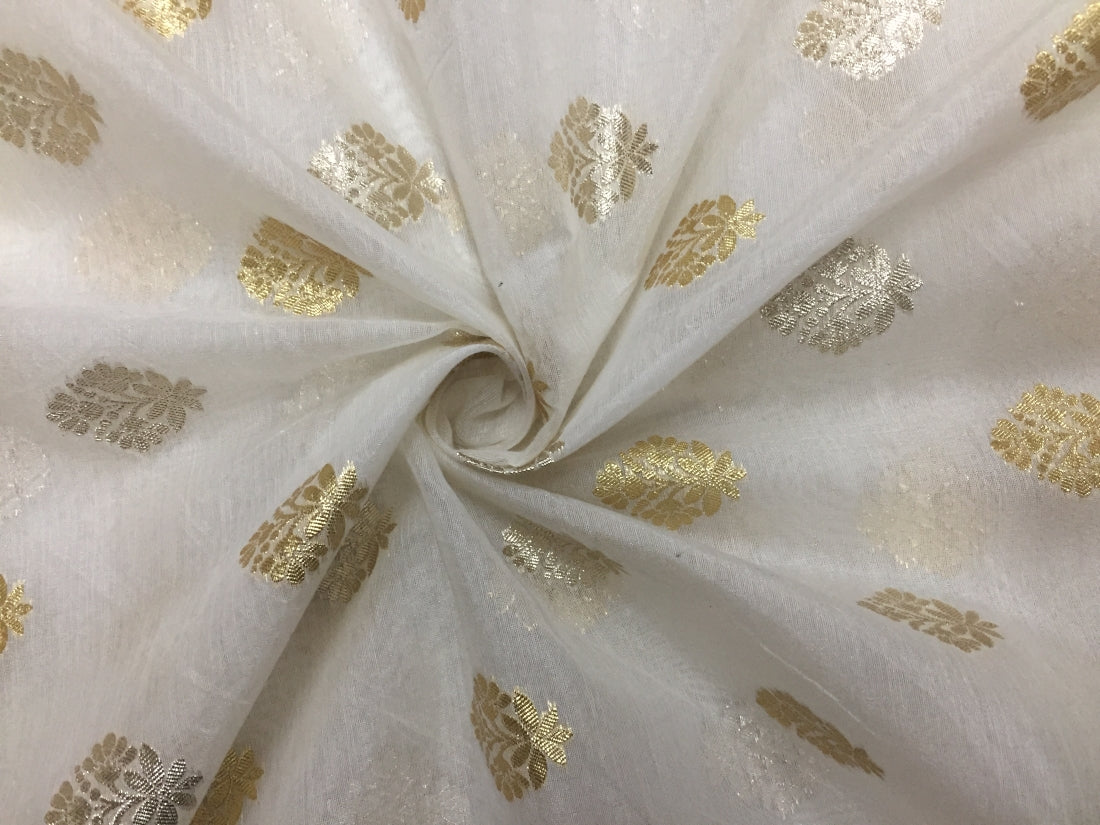 Cotton Chanderi silk fabric dyeable white with golden and silver motifs 44'' wide