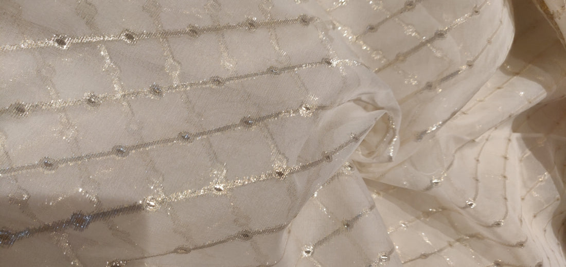 Silk organza fabric with gold jacquard stripe 30-40gms Semi Sheer 44" wide [11007]