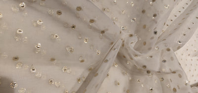 Silk organza fabric with gold jacquard motifs 30-40 gm Semi Sheer 44" wide