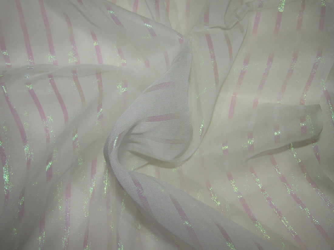 White colour 100% silk chiffon fabric 44" wide lurex pink stripe [10266]