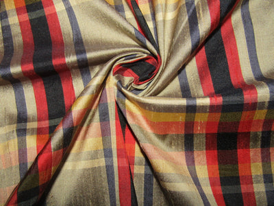 100% silk dupion beige and multicolor Plaids fabric 54" wide DUPNEWC19[1]