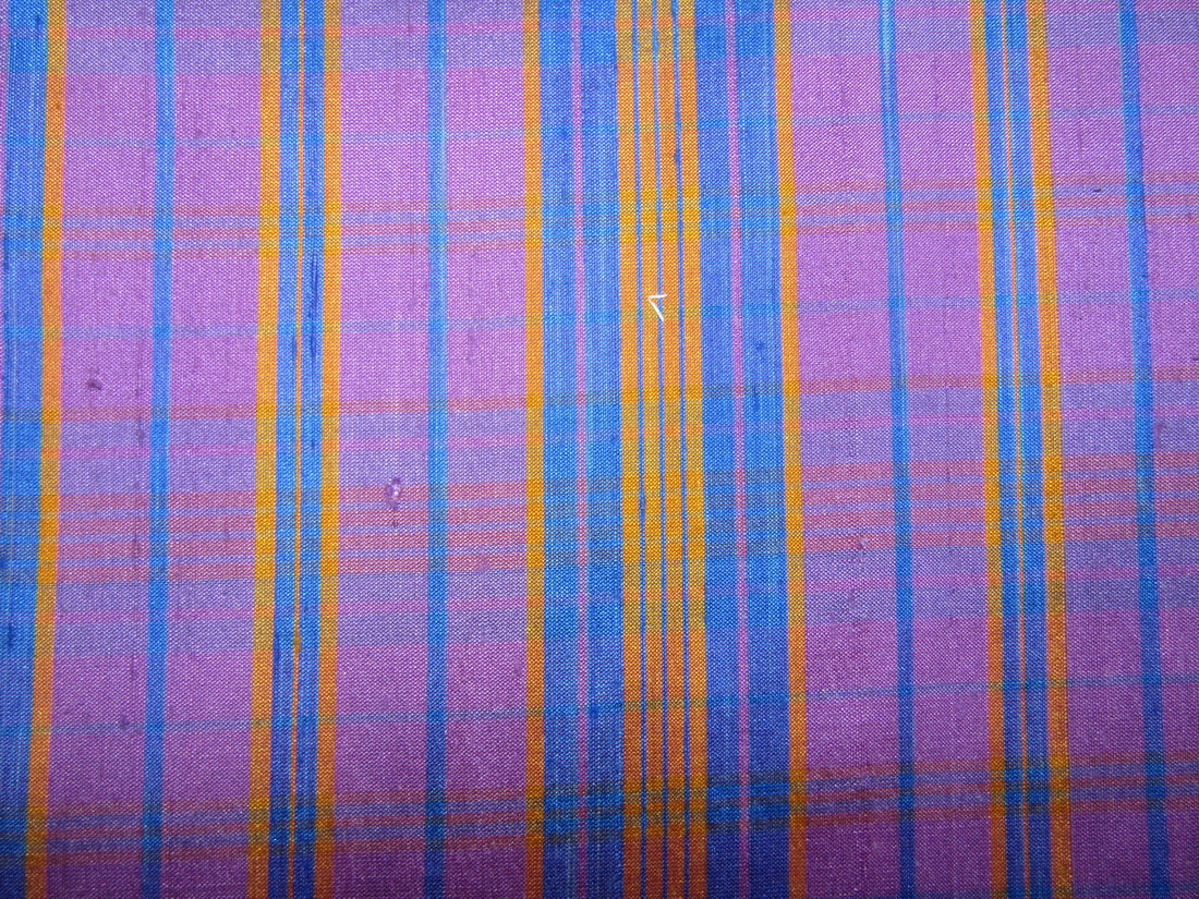 100% silk dupion blue purple mustard and blue Plaid fabric 54" wide DUPNEWC17[5]