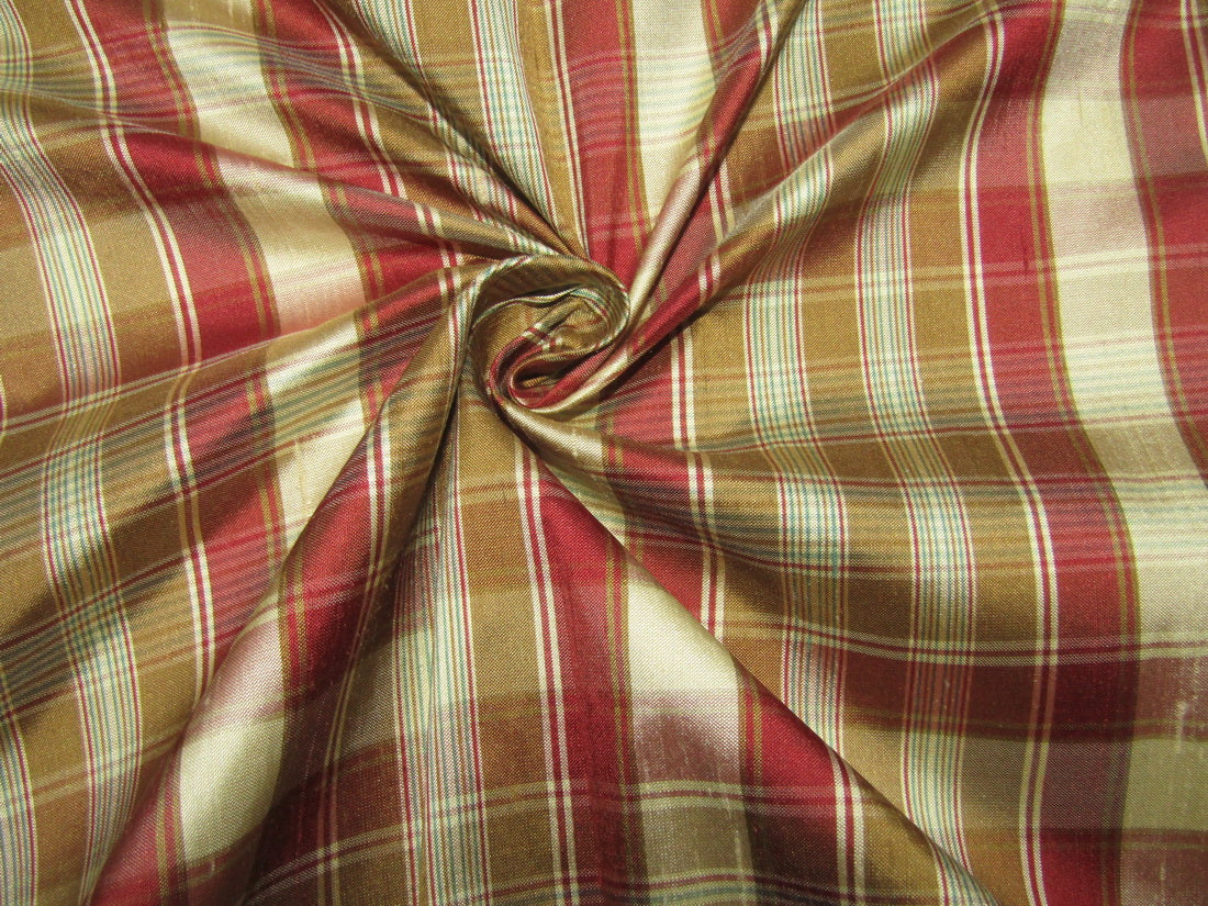 100% silk dupion cream brown maroon Plaids fabric 54" wide DUPNEWC18[4]