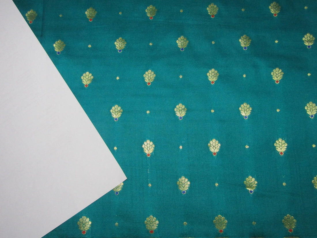 100% Silk Brocade Fabric Kingfisher Green x Metallic Gold color 44" wide BRO772B[6]