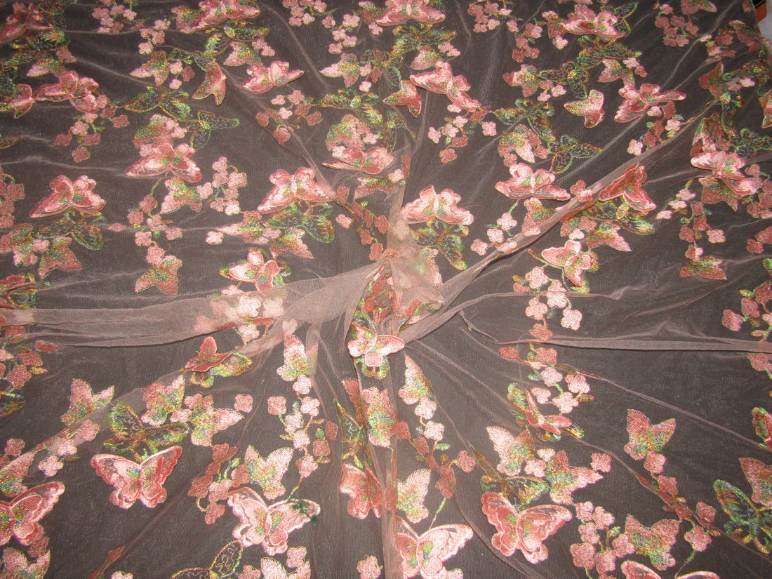 Heavily embroidered net fabric green x pink butterfly appliques 58'' wide by the yard
