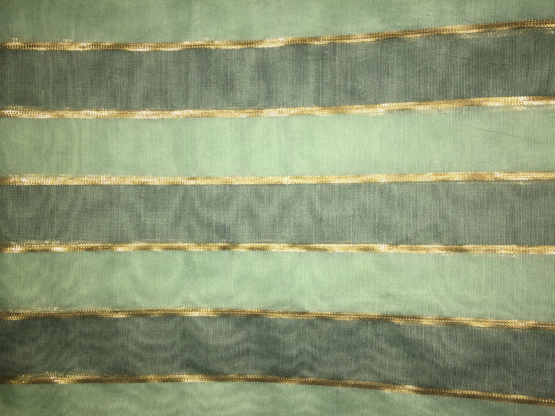 Cotton Chanderi fabric with shade of green x gold lurex stripe 44'' wide