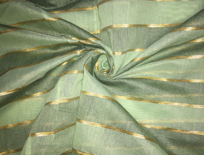 Cotton Chanderi fabric with shade of green x gold lurex stripe 44'' wide