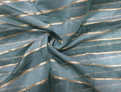 Cotton Chanderi fabric Mint with blue x gold lurex stripe 44'' wide