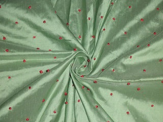SILK DUPIONI Fabric Mint Green with Red embroidered dots 54" wide [3591]