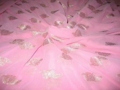 Polyester georgette fabric with metalic silver & gold jacquard~Baby Pink colour[1088]