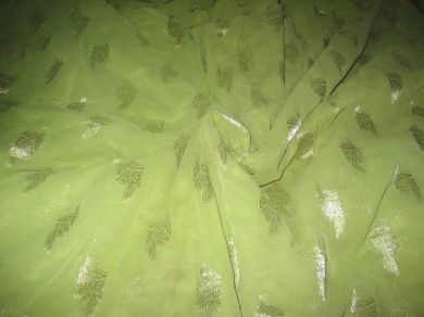 CLOSEOUT- Polyester georgette fabric with metalic silver &amp; gold jacquard~Apple Green colour[1086]