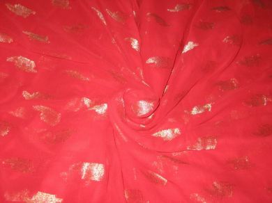 Polyester georgette fabric with metalic silver & gold jacquard~Bright Red colour[1084]