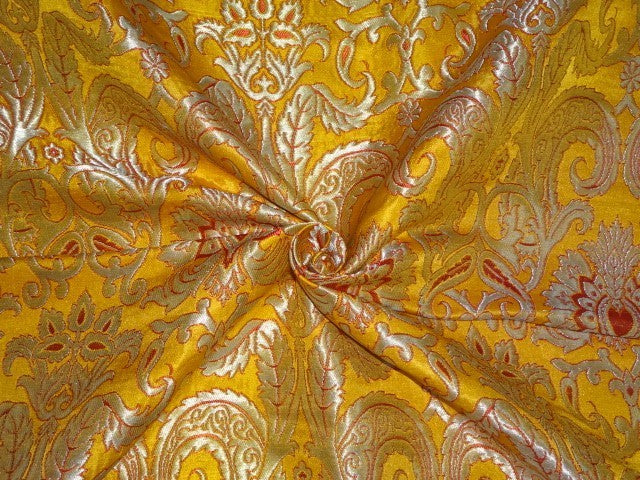 Pure Heavy Silk Brocade Fabric Red,Mango Yellow &amp; Metallic Gold color