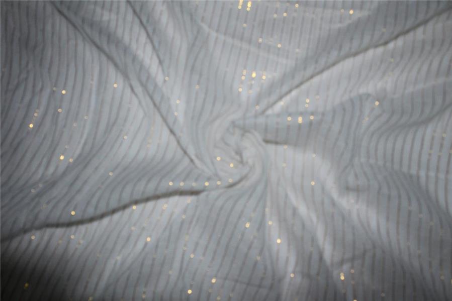 White heavy cotton fabric with gold color stripe lurex weave