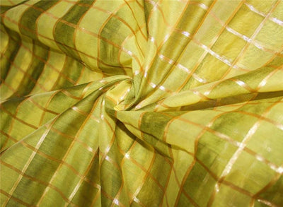 cotton chanderi fabric plaids shade of lemon yellow x metallic gold 44&quot; wide