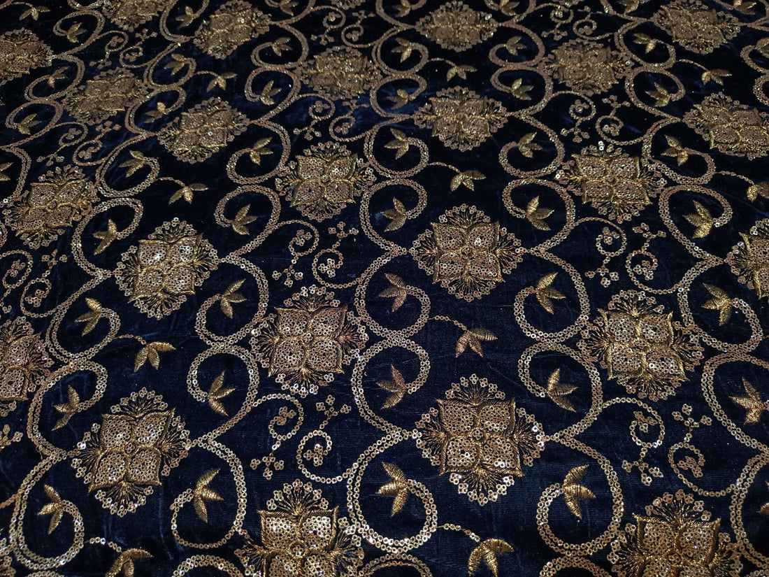 Embroidered Navy Blue color Micro Velvet Fabric 44" wide [12156]