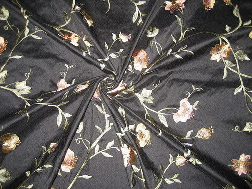 SILK DUPIONI Fabric Black color with Floral Embroidery 44" wide DUP#E34