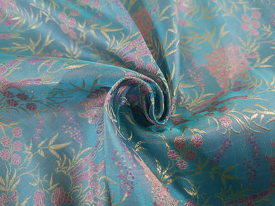 Silk Brocade Fabric Pink ,Blue & Gold floral design Width 44 single length 0.75 yards