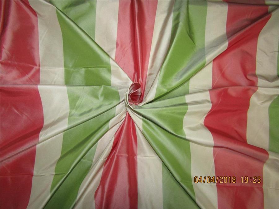 100% Pure Silk Taffeta Fabric red,Green & Cream stripe  54" wide TAFS139[4]