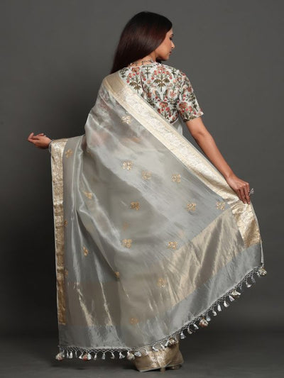 Chanderi silk fabric dyeable natural white with silver motifs 44'' wide