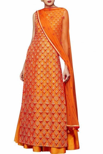 100% Silk Brocade fabric orange x metallic gold 44&quot; wide