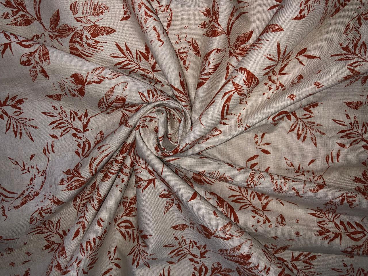 100% Cotton Linen  print 58" wide LEAVES motif's cream and brown [17219]
