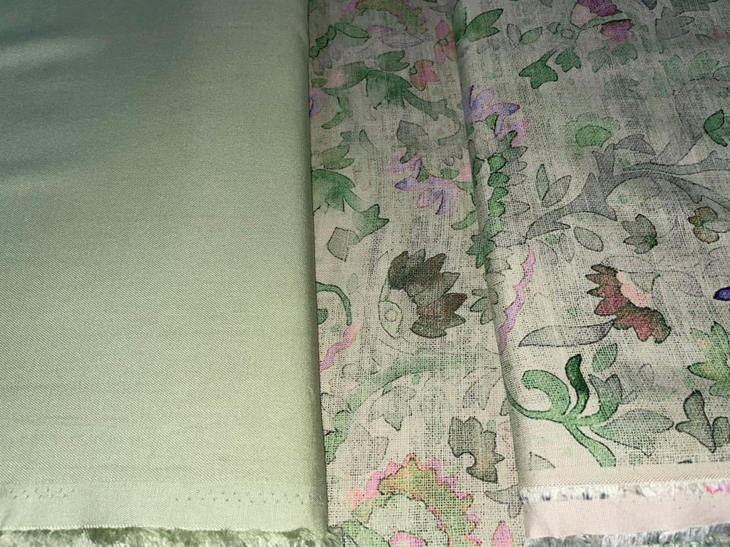 TASHMINA FABRIC available in 4 colors with matching solid [light olive/beige/pastel green and peach] [15398-15403]