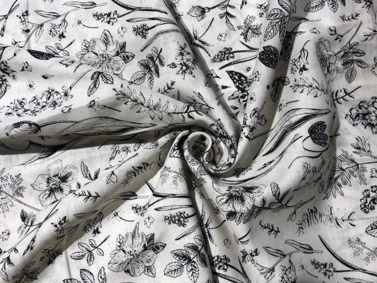 100% linen  digital print fabric 44" wide available in 4 PRINTS CREAM ABSTRACT WITH SEA GREENS,GREENY GREY FLORAL,ELEPHANT AND BLACK AND CREAMK FLORAL