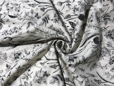 100% linen  digital print fabric 44" wide available in 4 PRINTS CREAM ABSTRACT WITH SEA GREENS,GREENY GREY FLORAL,ELEPHANT AND BLACK AND CREAMK FLORAL