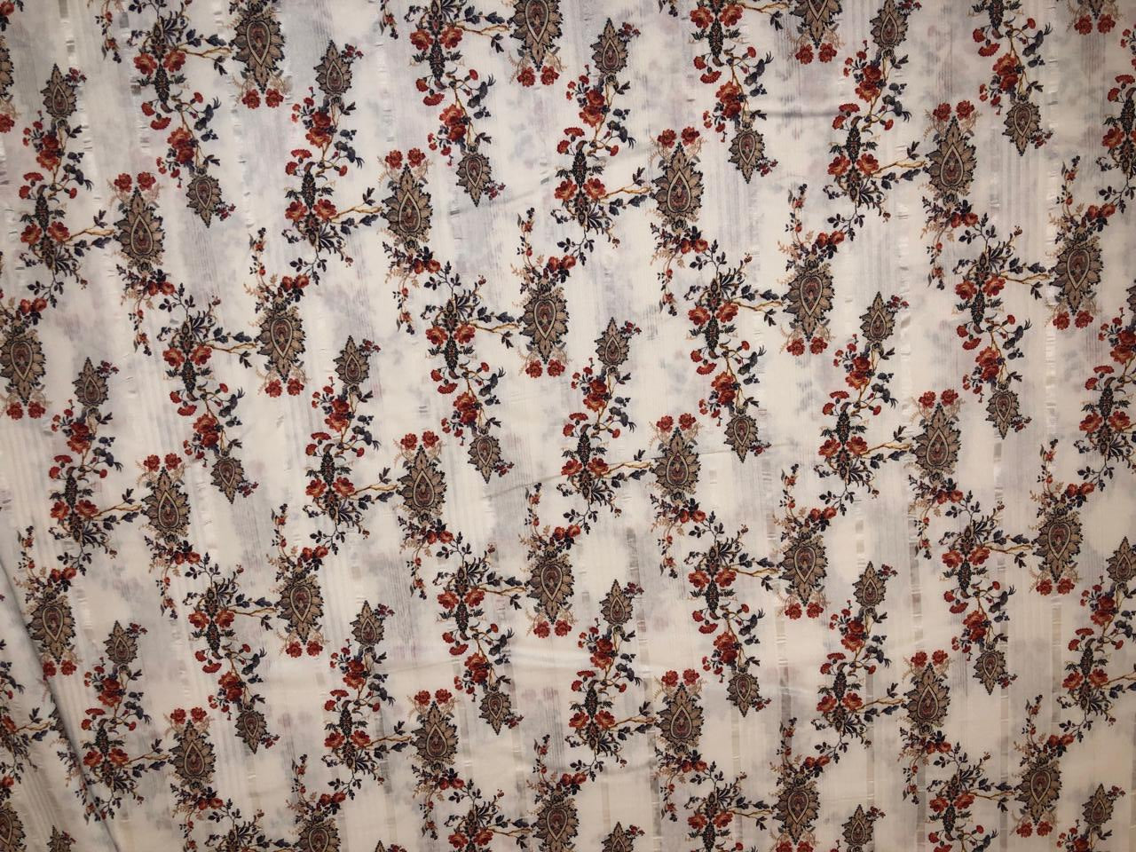 100% Viscose sateen stripe dobby print white ivory with red and gold flowers  - 58" Wide [18361]