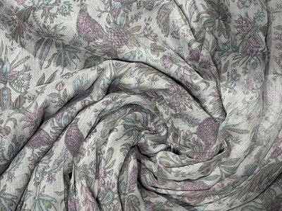 Silk chiffon  fabric iridescent  pink green and grey floral with bird  print  44" wide [17794]