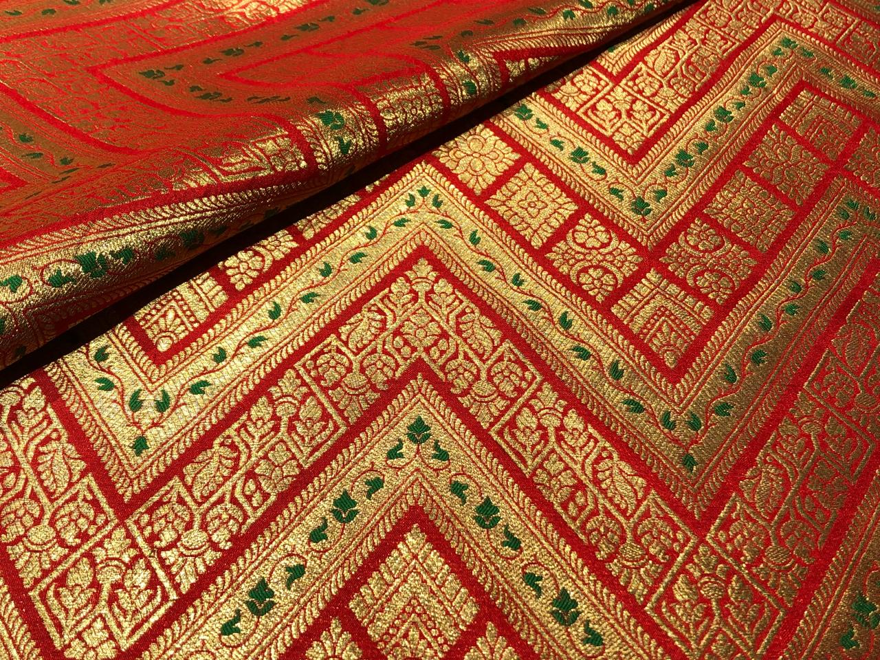 Silk Brocade fabric 44"red color geometric triangles x metallic gold jacquard and a hint of green leaves  BRO1044[2]