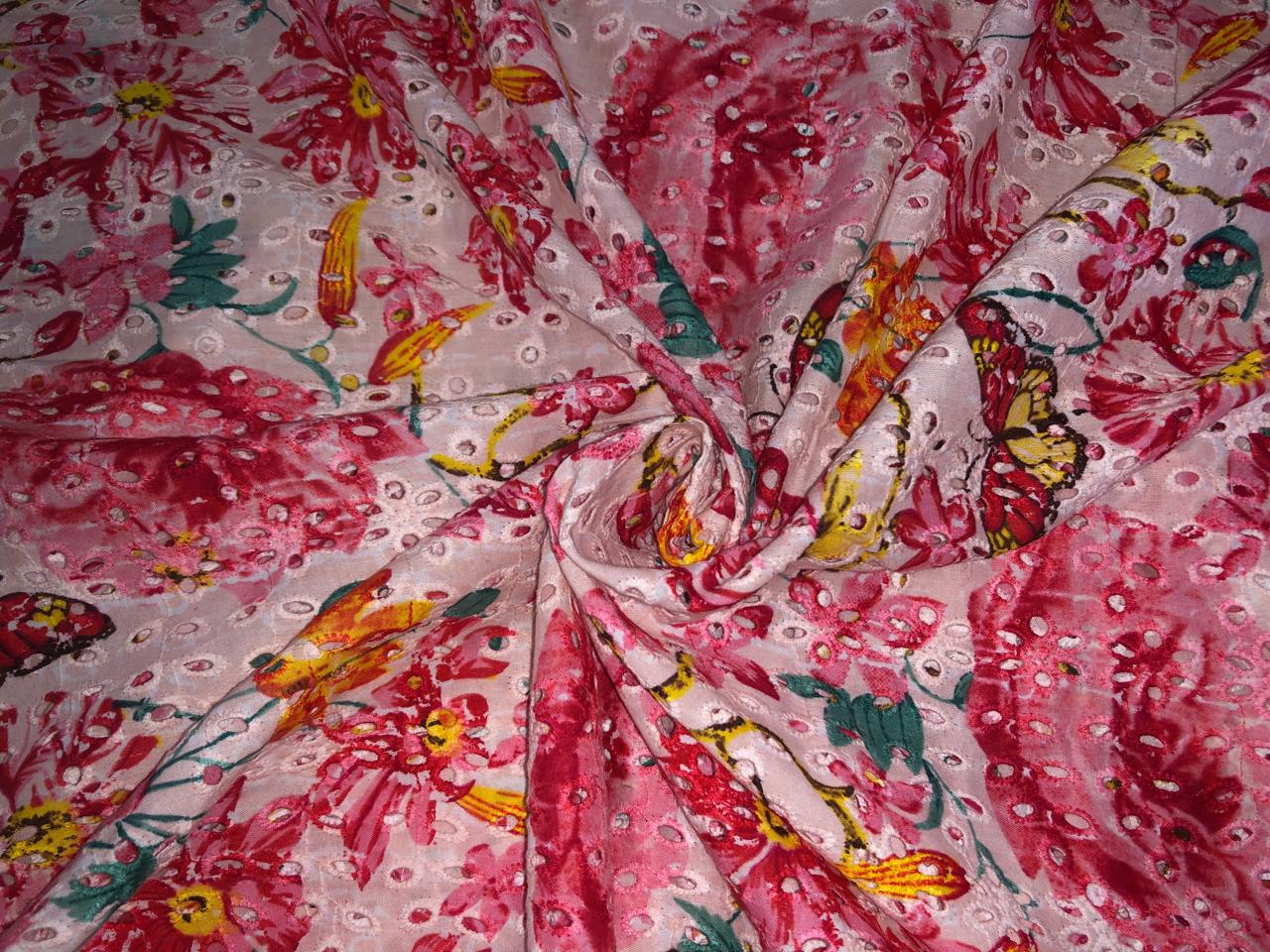 100% Cotton white with pink floral printed and hakoba embroidered fabric  58 inches wide 147 cms. [17304]