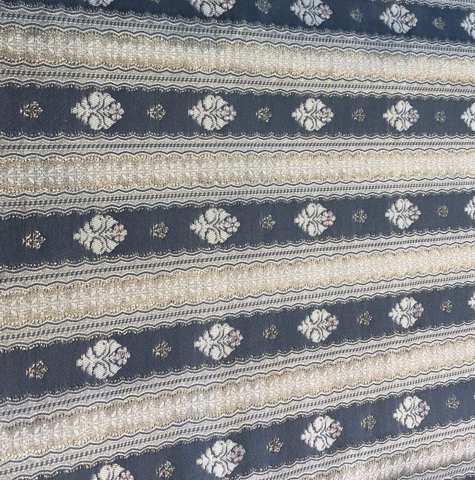 Silk Brocade fabric slate blue ,silver and white horizontal stripes with flower  motifs BRO1090[1]