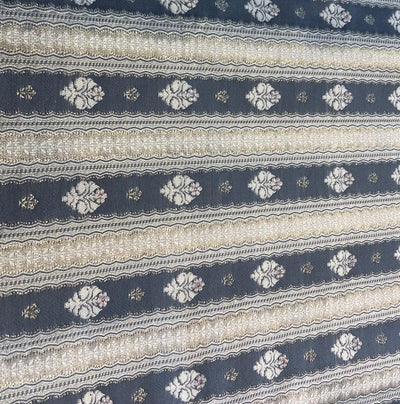 Silk Brocade fabric slate blue ,silver and white horizontal stripes with flower  motifs BRO1090[1]