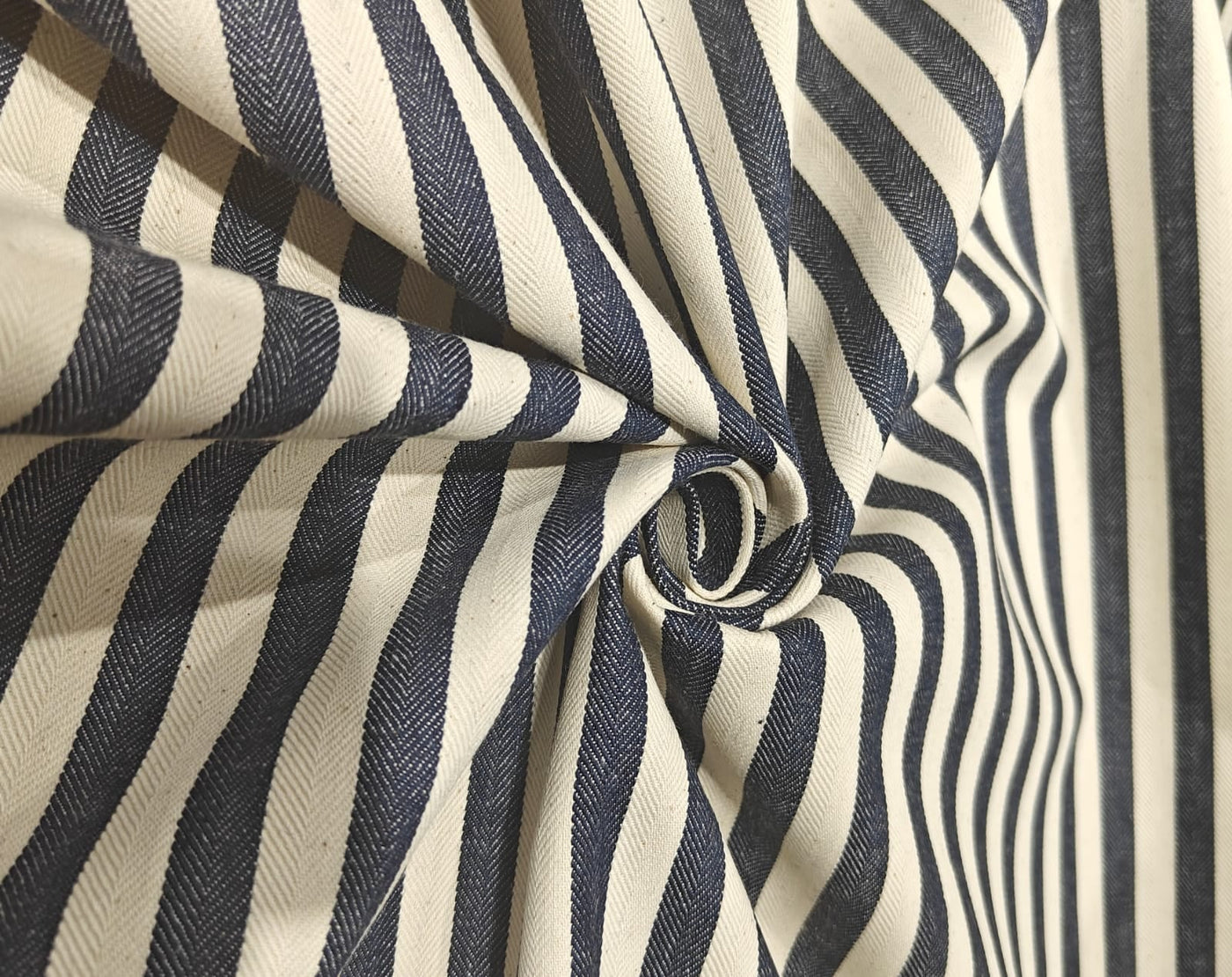 Cotton Denim Fabric ecru and navy herringbone stripes 58" wide [18241]ROLL