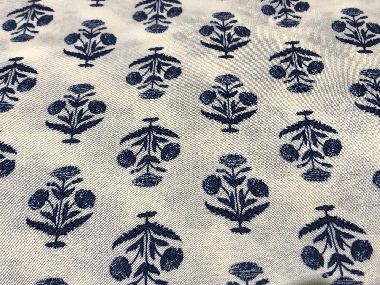 TENCEL Twill ivory with navy flower motif  Printed Fabric ~ 58&quot; wide [17293]